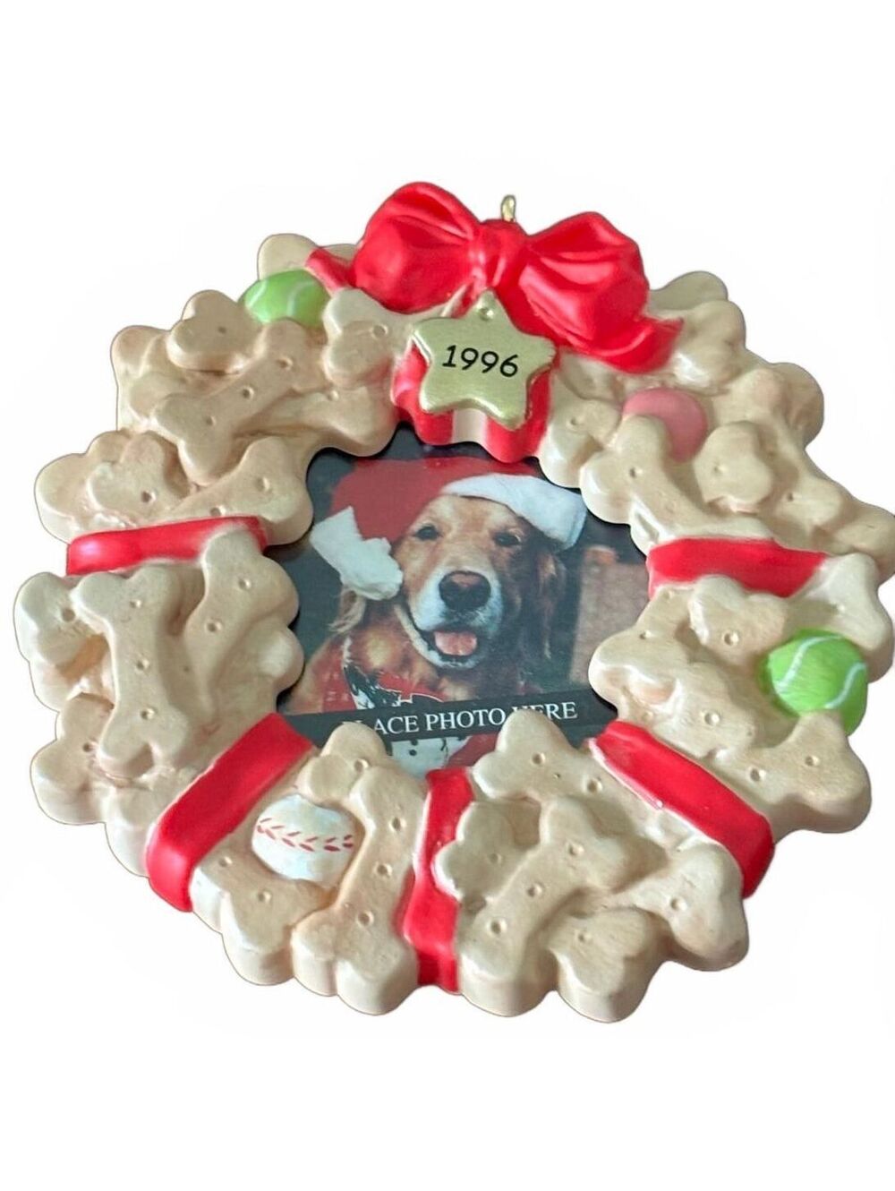 1996 Hallmark Special Dog Photo Holder Ornament Bone Wreath QX5864 w Box